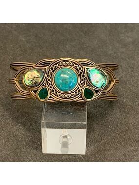 Barse Bronze metal Genuine Turquoise Abalone and green onyx bangle bracelet